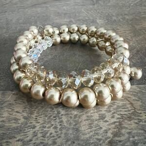 Multilayer Gold Tone Faux Pearl and Clear Beaded Wrap Bracelet